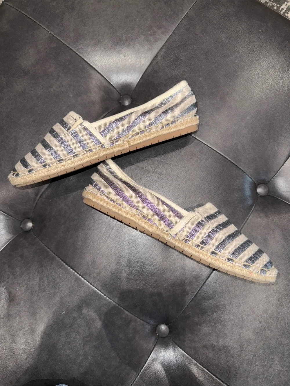 Metallic Striped Canvas Slip-On Espadrilles - Silver & Cream Women’s Size 8M